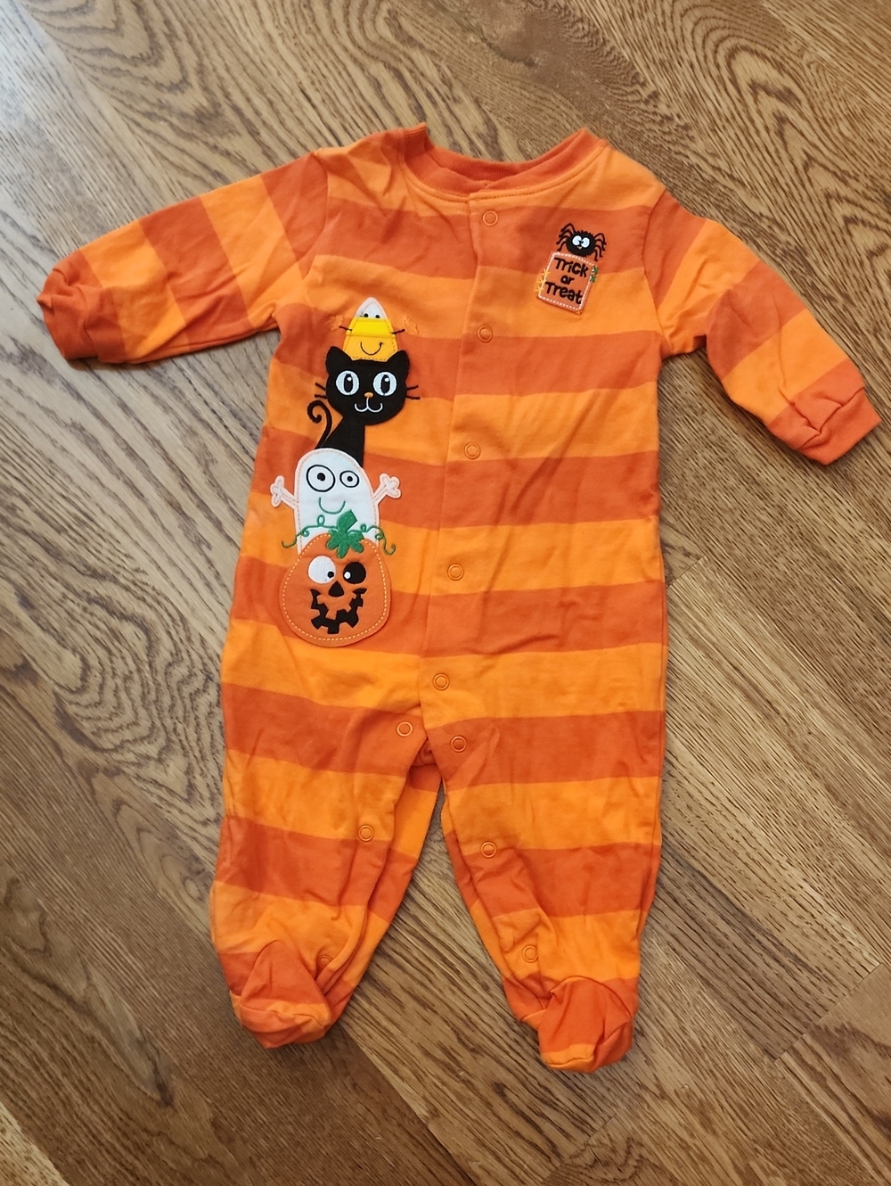 Y2K Miniwear Orange Striped Halloween Footie Pumpkin, Spider & Cat Appliqués